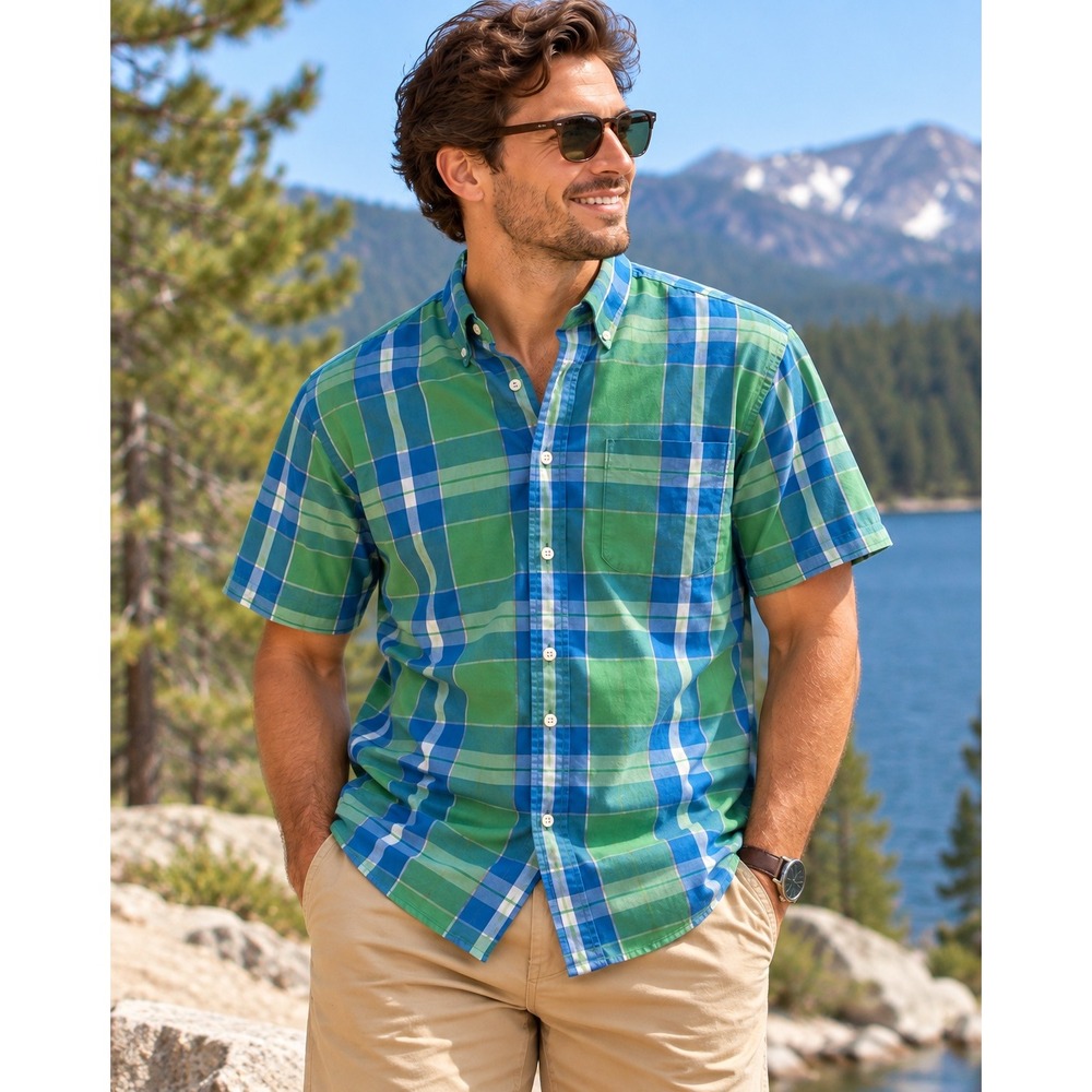 Pendleton Men's Blue Green Tartan Plaid Short Sleeve Button Down Shirt Size S